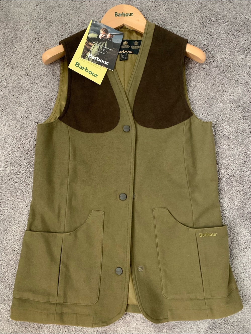 Barbour Olive Green Vest with Brown Shoulder Yoke
